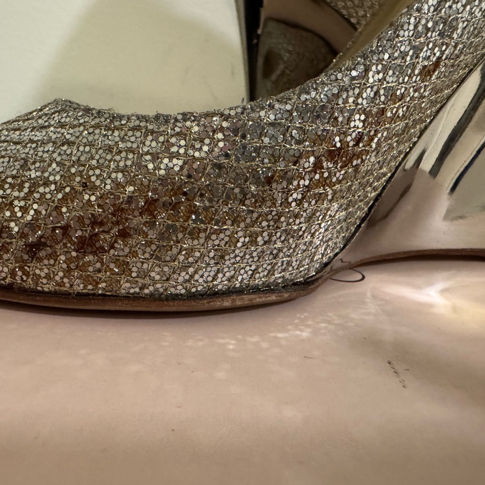 Jimmy Choo Champagne Glitter Peep-Toe Heels - Picture 6 of 12